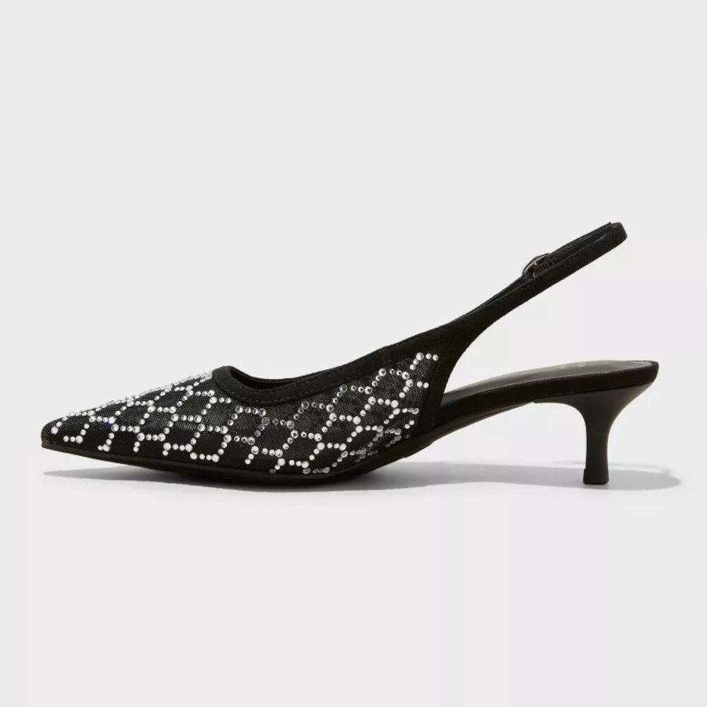 Women's Gigi Embellished Slingback Kitten Heels Rhinestone Black Mesh A New Day™